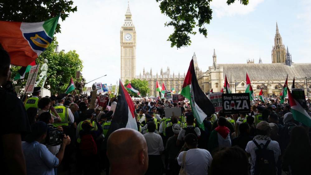 A large crowd, with many holding Palestinian flags, stands in front of the Houses of Parliament