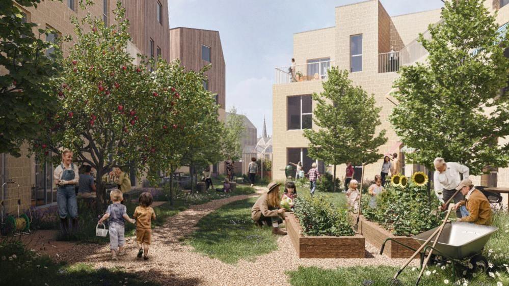 A design mock-up of plans for the Saxonvale site in Frome, Somerset. The picture shows residents, gardening, socialising and playing within a garden surrounded by modern housing developments.