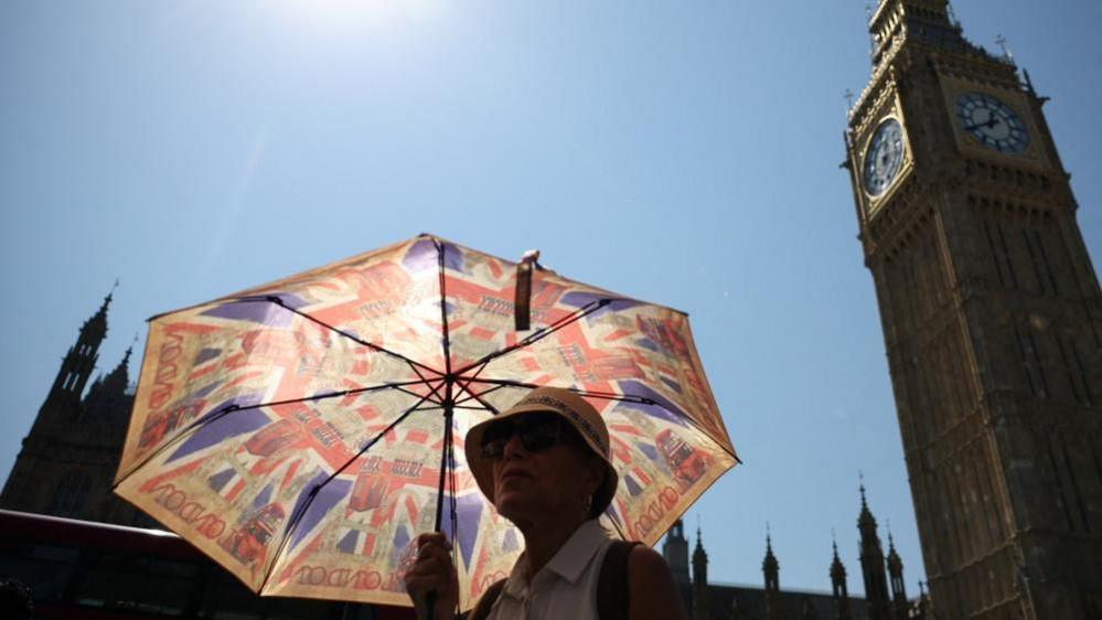 A woman covers from the sun with an umbrella during a heatwave in London, the UK. Photo: 13 August 2026