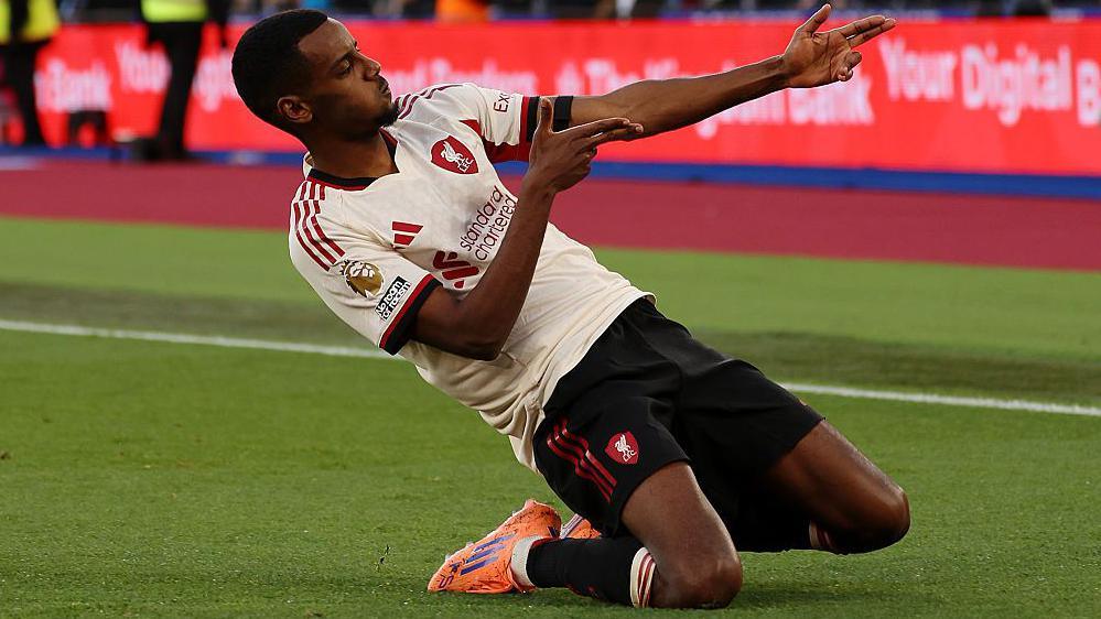 Alexander Isak celebrates after scoring his first Premier League goal for Liverpool, the opener in their 2-0 win at West Ham United.