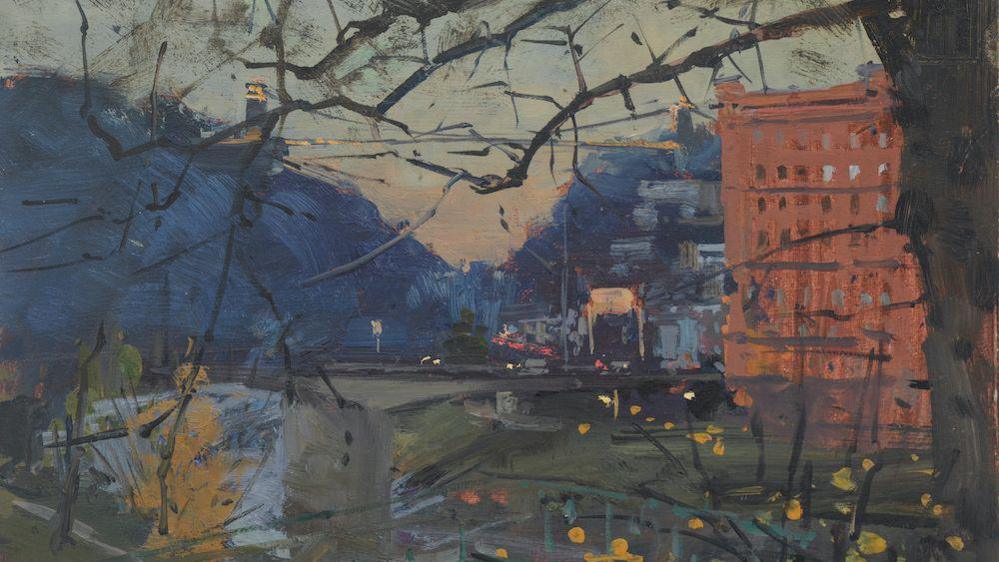 An oil painting showing the Avon Gorge in Bristol. A bare tree is blocking the view of the Clifton Suspension Bridge. A red-brick building can be seen to the right of the frame.