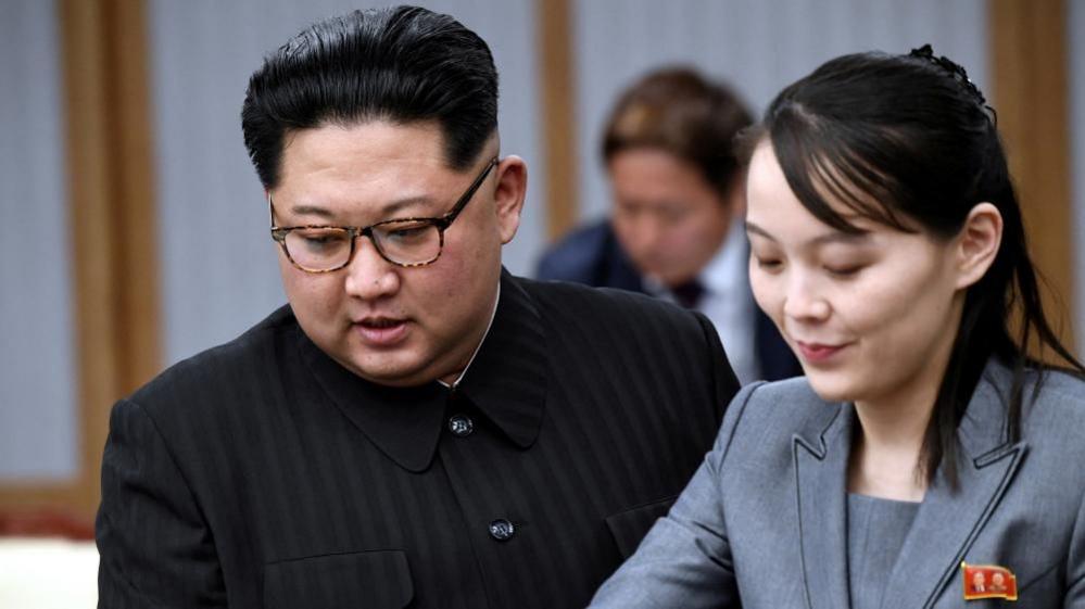 North Korean leader Kim Jong Un and his sister Kim Yo Jong attend a meeting with South Korean President Moon Jae-in at the Peace House at the truce village of Panmunjom