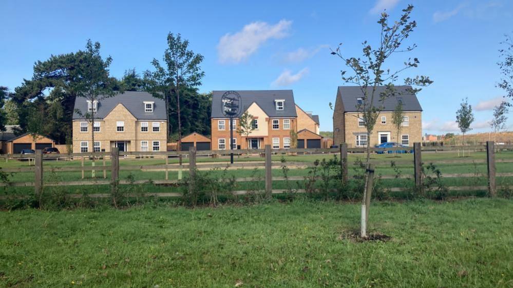 Overstone Leys housing development, showing three stone-coloured large executive homes with double garages. In the foreground is some newly planted trees and a specially designed black metal sign with the name of the development on it.