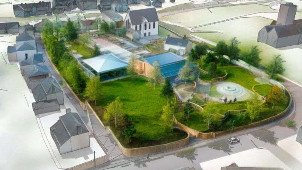 A graphic illustration of what a new park in St Saviour could look like. There are trees, open green spaces and community buildings. 