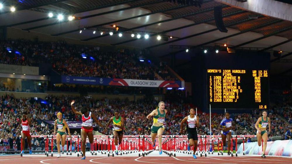 eight hurdlers competiting at the 2014 commonwealth games at Hampden stadium