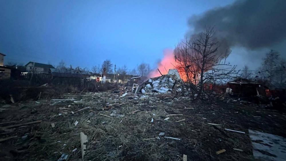 A residential house ablaze after recent Ukraine's drone attack