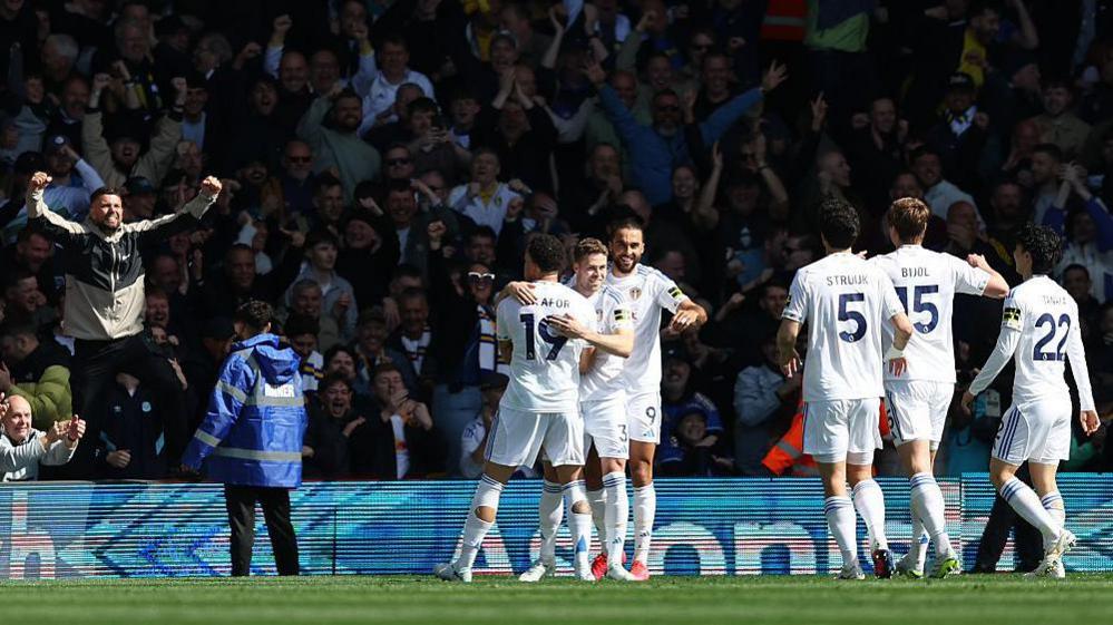 Leeds United celebrate after scoring.