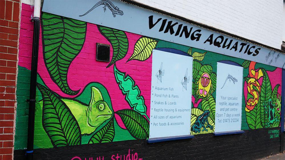 A photo shows the exterior of Ipswich shop Viking Aquatics. An iguana, snakes, a frog and more creatures have been painted onto the building