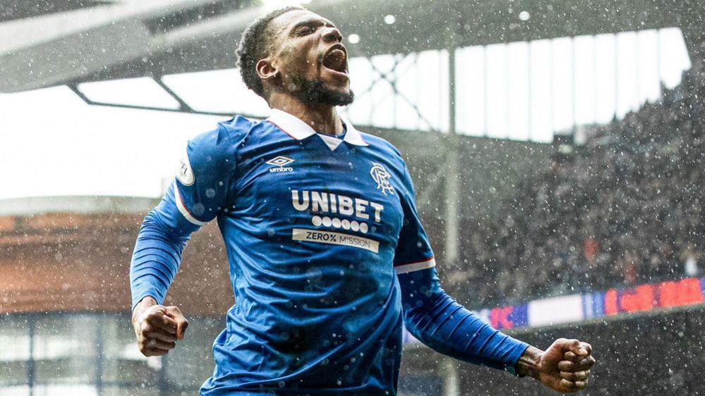 Rangers' Dujon Sterling celebrates as he scores to make it 2-0 during a William Hill Premiership match between Rangers and Dundee United at Ibrox Stadium