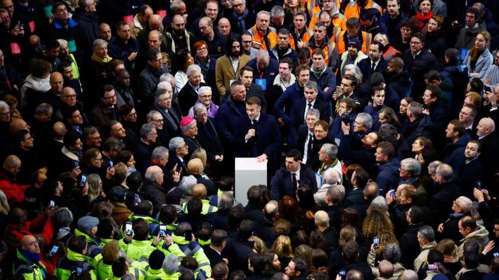 French President Emmanuel Macron delivers a speech during a visit to the Notre-Dame de Paris Cathedral, which was ravaged by a fire in 2019, as restoration works continue before its reopening, in Paris, France, November 29, 2024.