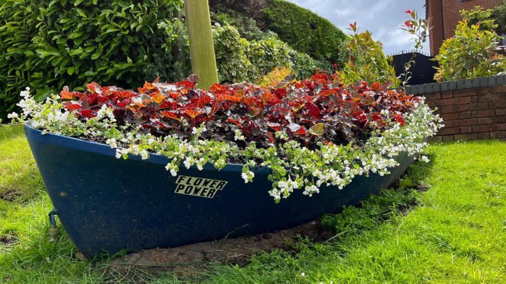 A blue boat filled with flowers on a lawn.