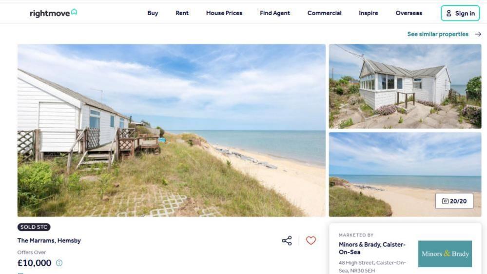 A screen grab of a Rightmove page, showing the house at The Marrams, and featuring some details of the agent Minors and Brady, and the guide price of offers above £10,000.