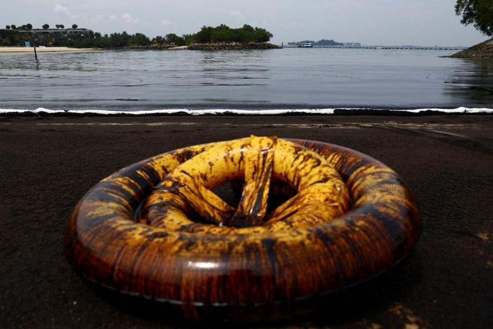 A view of an oil slick at Tanjong Beach in Sentosa, Singapore