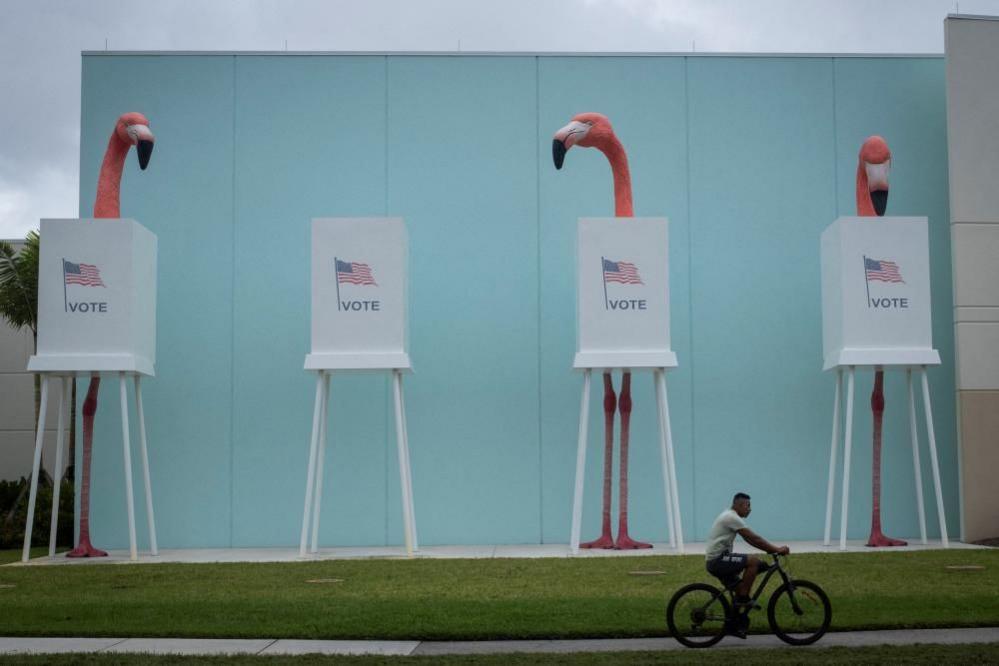 Dummy flamingos are seen outside the Palm Beach County Supervisor of Elections during the 2024 U.S. presidential election on Election Day in West Palm Beach, Florida, U.S., November 5, 2024.