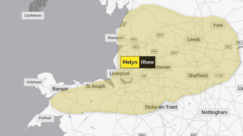 Mae'r rhybudd yn berthnasol i Sir Conwy, Sir Ddinbych, Sir y Fflint, Gwynedd a Wrecsam