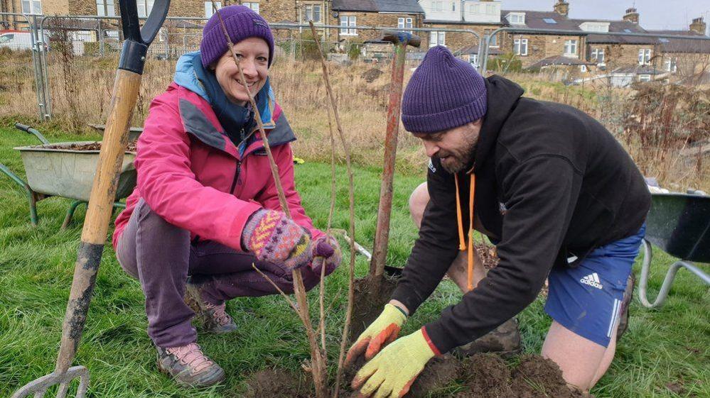 A woman in a pink waterproof, jeans and purple hat and gloves, and a man in blue shorts, a black hoodie and purple hat, plant a tree on a patch of green land near terrace houses.