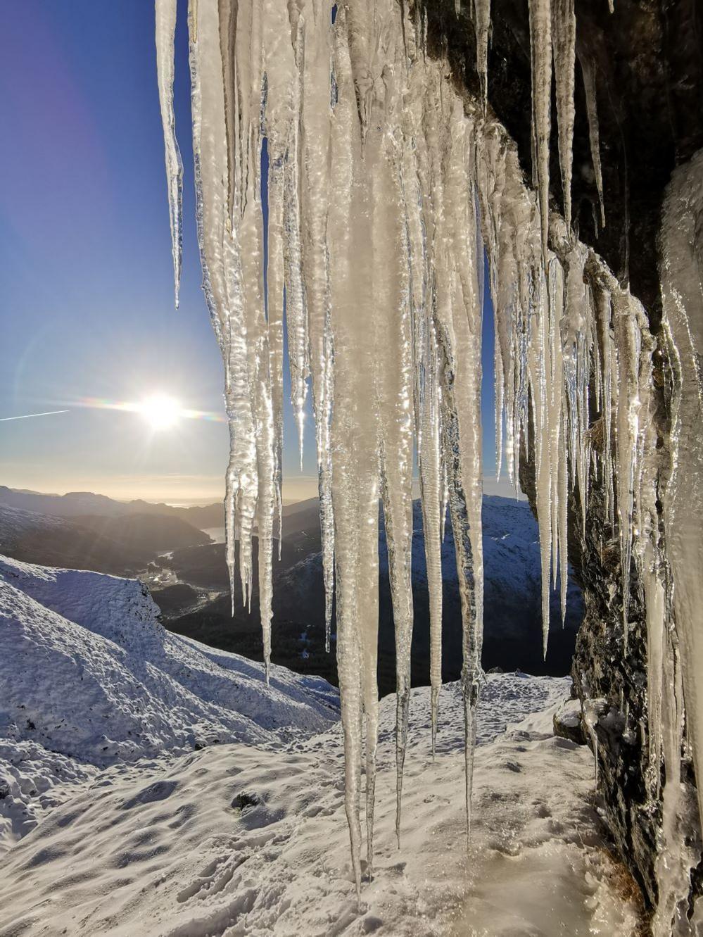 Several sharp icicles hanging down in front of a snowy hill.