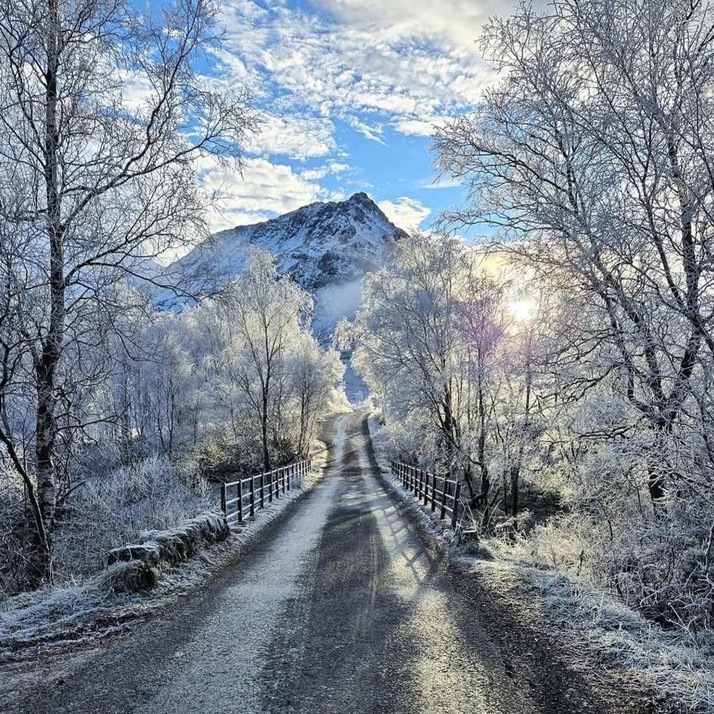 A snow covered path leading towards a mountain. The path is grey with snow on either side. There are bare trees which are covered in white frost on either side of the path. In the distance is a snow-covered hill, with dark patches. The sky above is blue with white clouds.