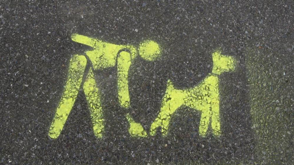 A yellow sign painted on a pavement shows a person cleaning up after their dog