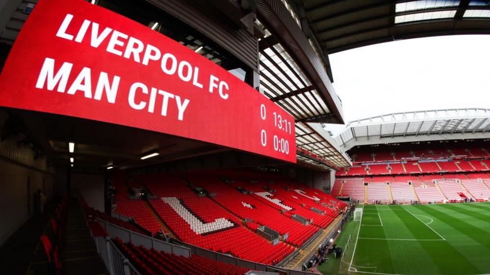 General view of Anfield Stadium, with two of the stands visible.