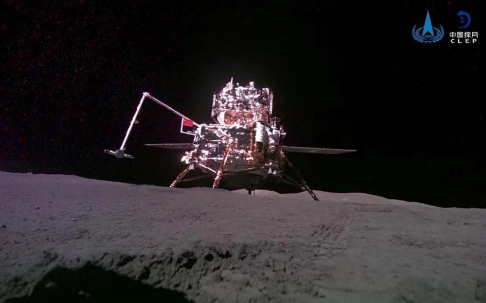 The Chang'e-6 lander sitting on the rocky surface of the moon.