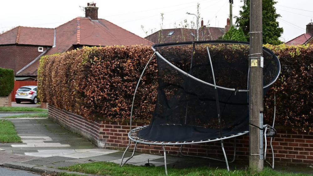 A damaged trampoline which has been blown out of a garden during a storm and is now caught between a hedge and an electricity pole.  