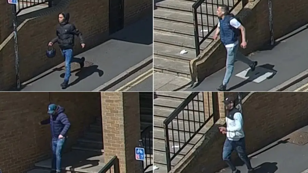 A composite photo shows four men running on or near steps to a pavement. All wear jeans and jackets and two have baseball caps.