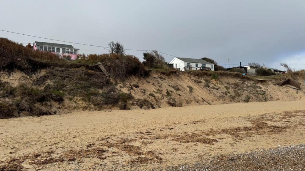 A beach scene with sandy cliffs and houses atop, at risk of coastal erosion.