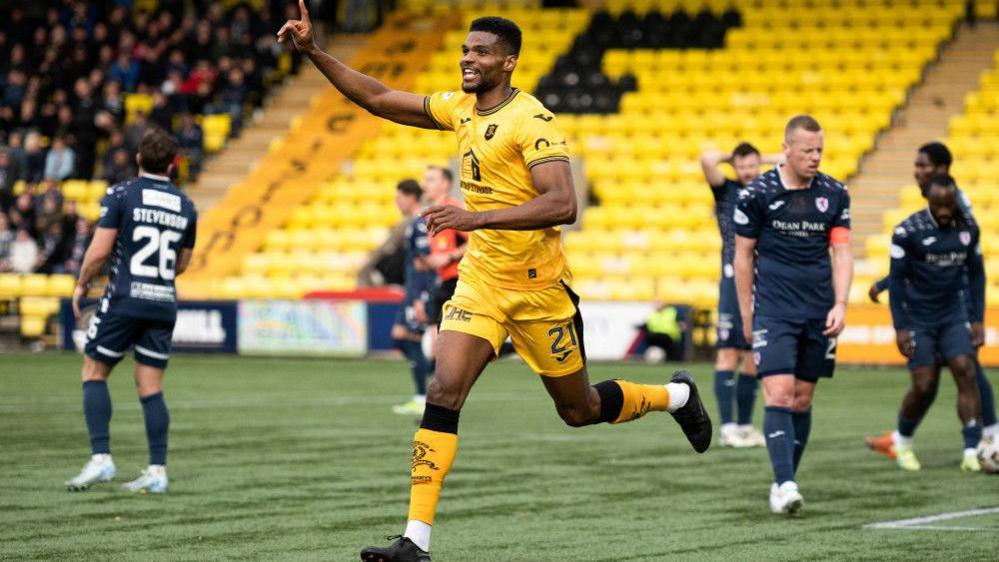 Michael Nottingham celebrates his winner against Raith Rovers