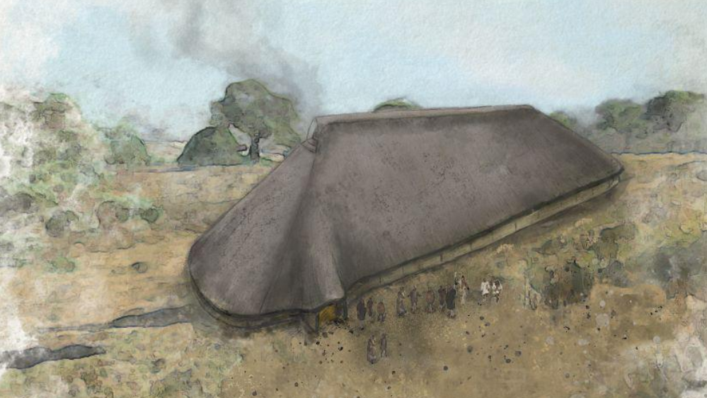 The watercolour-style illustration shows a long, thatched roof building with smoke rising from one end of the roof. A group of people stand near the hall.