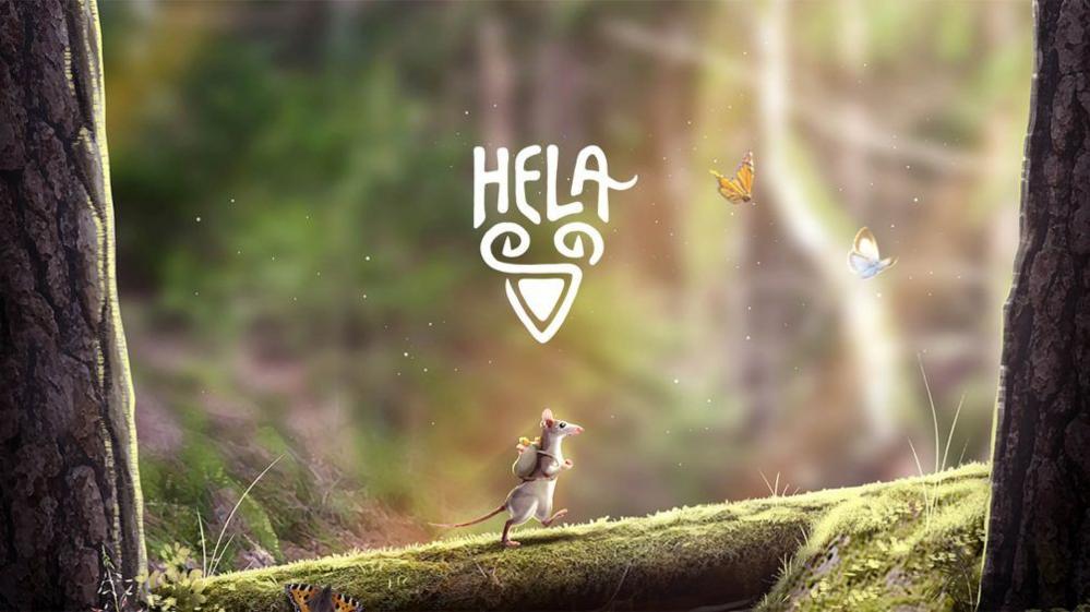 A computer generated mouse strolls through a wood with text on the image reading Hela