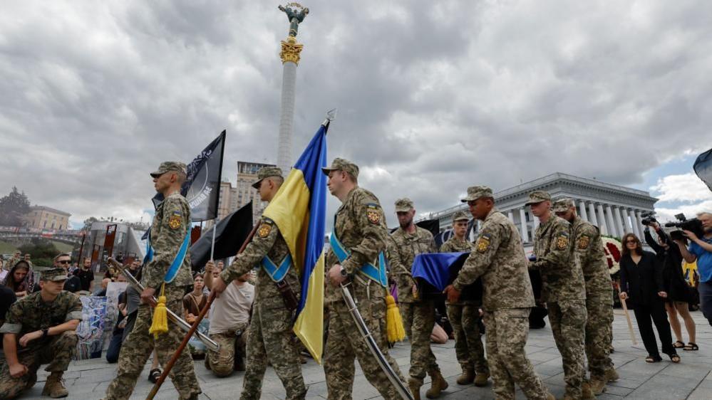 Ukrainian soldiers marching in Independence Square in Kyiv, Ukraine on 18 August 2025.