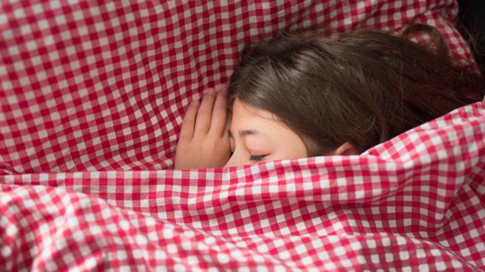 The top of a sleeping child's head and face pokes out from under a red check patterned duvet as her hand rests on the pillow