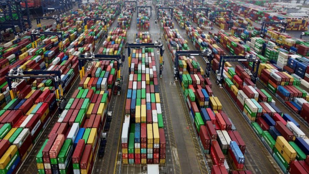 Containers of various colours stacked at the Port of Felixstowe