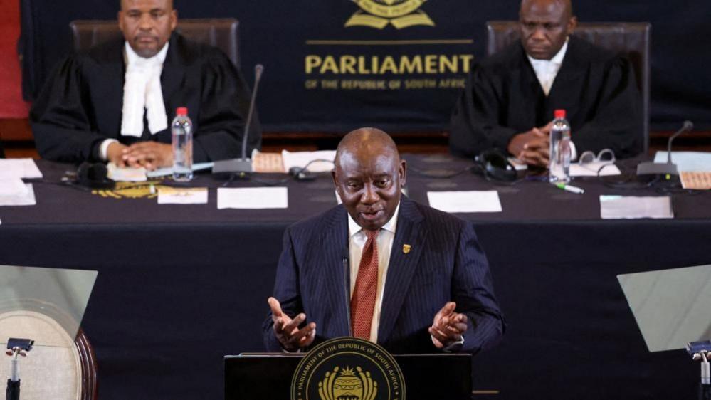 South Africa's President Cyril Ramaphosa speaks during his opening of parliament address in Cape Town, South Africa, July 18, 2024