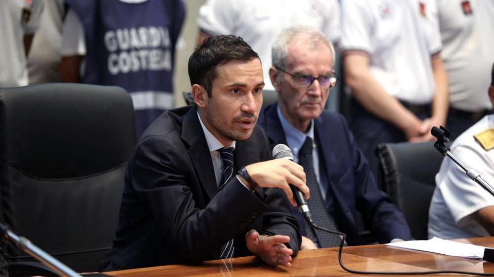 Deputy prosecutor Raffaele Cammarano (2-L) speaks next to Chief prosecutor of Termini Imerese, Ambrogio Cartosio (R) during a press conference on the Bayesian shipwreck, in Termini Imerese, near Palermo, Sicily Island, southern Italy, 24 August 2024.