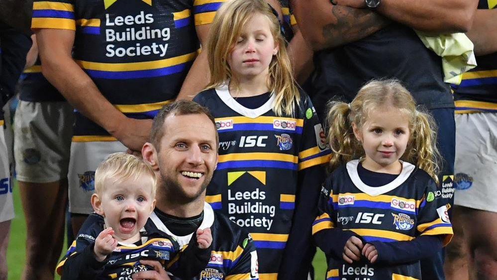 Rob Burrow with his children Macy, Maya and Jackson after the testimonial match at Emerald Headingley, Leeds on 12 January, 2020