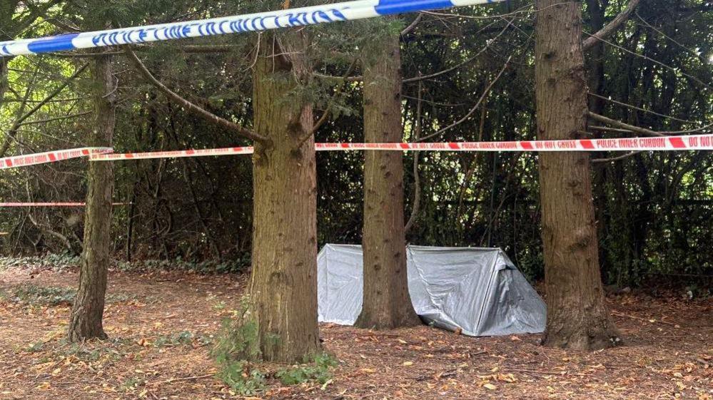 A small grey tent has been behind a cordon in the area where the organs were found