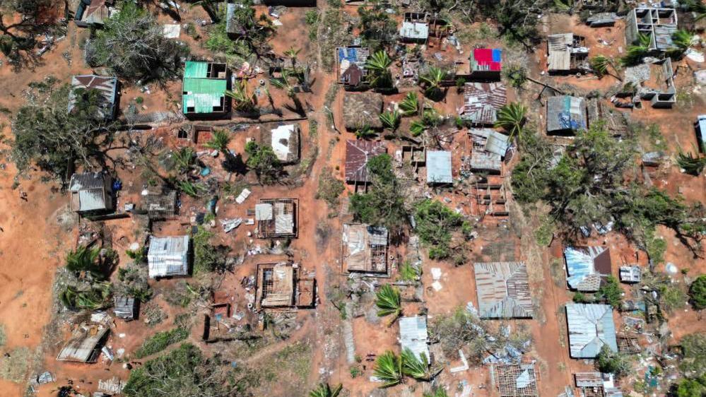 A drone view of destroyed houses and buildings following cyclone Chido in Pemba, Mozambique, December 18, 2024