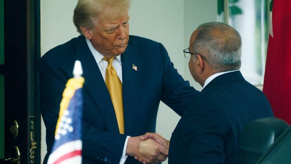 US President Donald Trump (L) greets Bahrain's Prime Minister and Crown Prince Sheikh Salman bin Hamad al-Khalifa with a handshake outside the White House. Trump's hand clearly bears a patch of makeup in a shade that does not match his skin