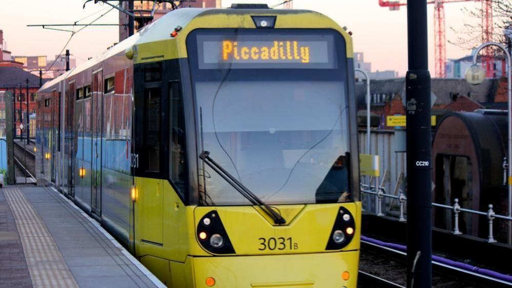 The front of a yellow Manchester Metrolink tram with 'Piccadilly' lit up on the front.