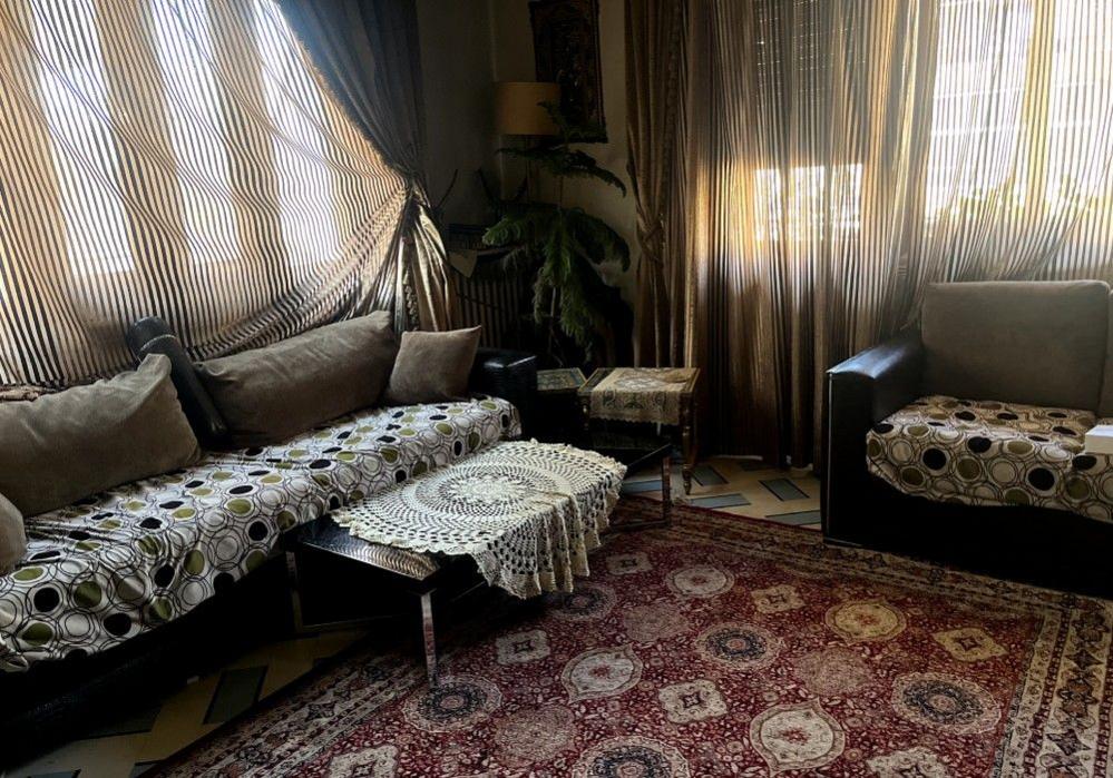 A family living room with a large rug, translucent curtains, and sofas