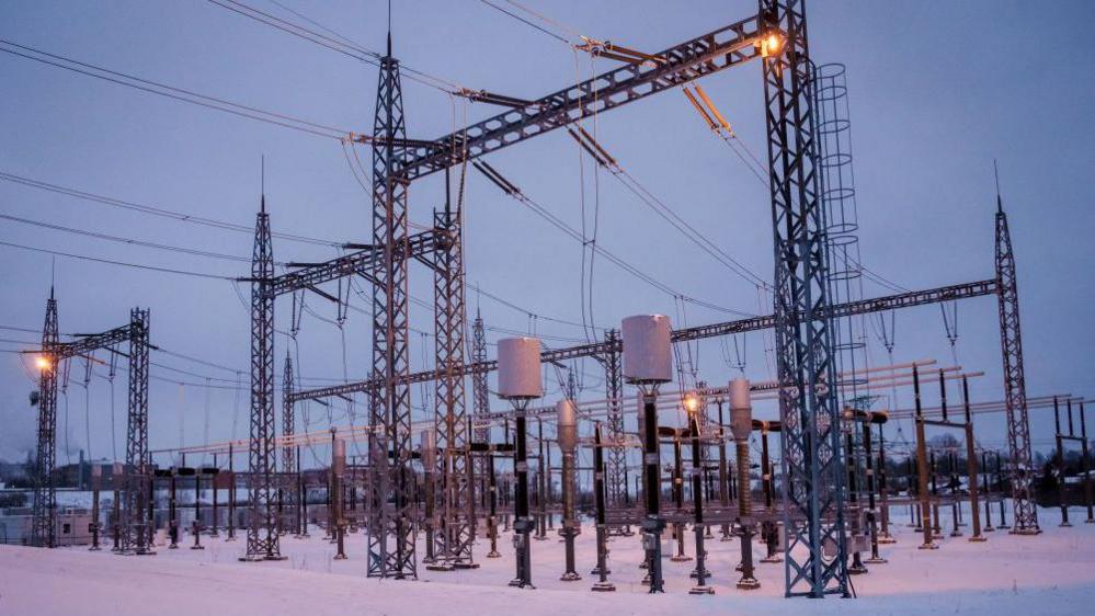 A photo taken on February 8, 2025 shows the power substation in Rezekne, Latvia before the disconnection of the major power line between Latvia and Russia. 