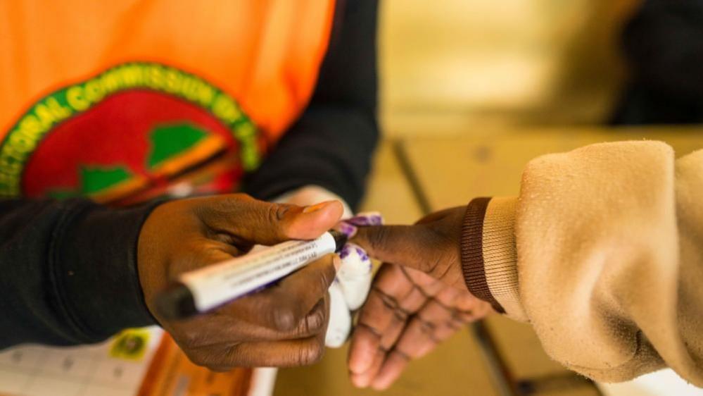 A close-up as a polling agent marks a voter's thumbnail with indelible ink.