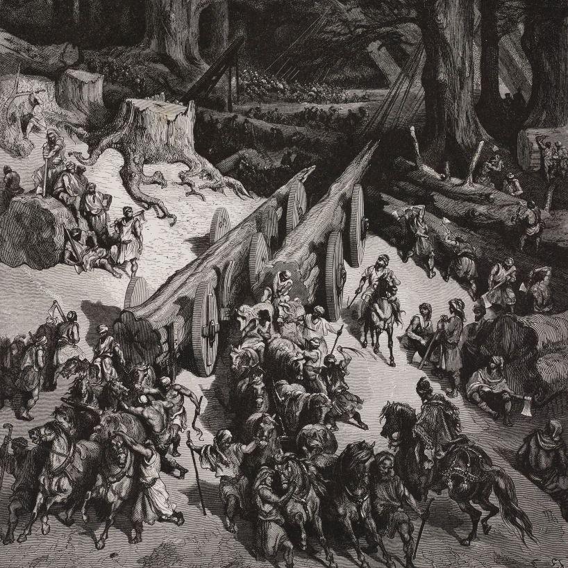 لوحة من أواخر القرن التاسع عشر تجسّد نقل جذع شجرة أرز
خيول وفرسان تجرّ عربة عليها جذع ضخم إلى جانب شجرة مقطوعة من أسفلها. في الصورة فارس على حصانه وفلاحون يجلسون على قطعة من جذع الشجرة