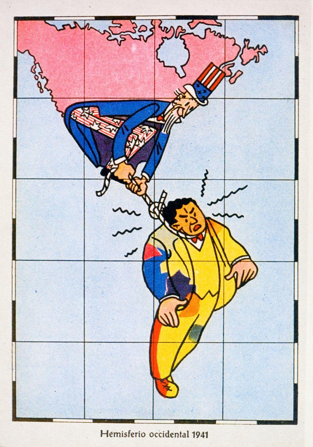 El Tío Sam desde EE.UU. estrangula a un hombre con forma de América Latina
