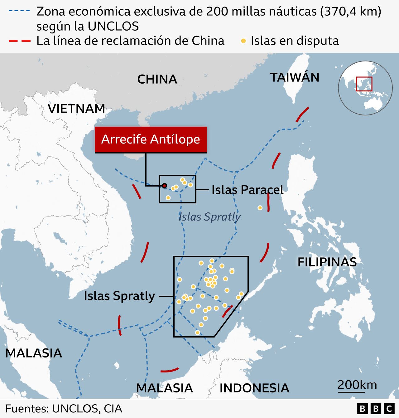 Un mapa del Mar de China Meridional que muestra las distintas islas en disputa y la línea de nueve puntos.