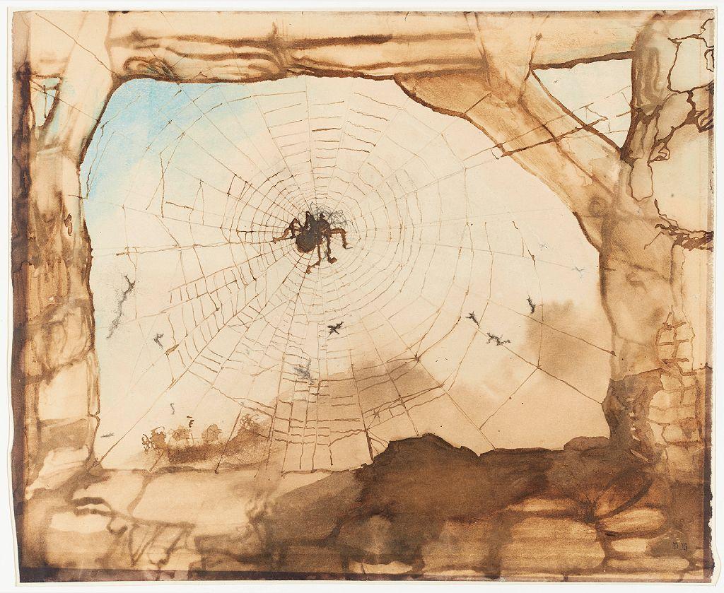 En primer plano, una araña en medio de su tela, a través de ella, en la lejanía, una ciudad. Tinta marrón y aguada, y acuarela azul sobre grafito sobre papel, 25,5 x 30,3 cm. Maisons de Victor Hugo, París / Guernsey. 