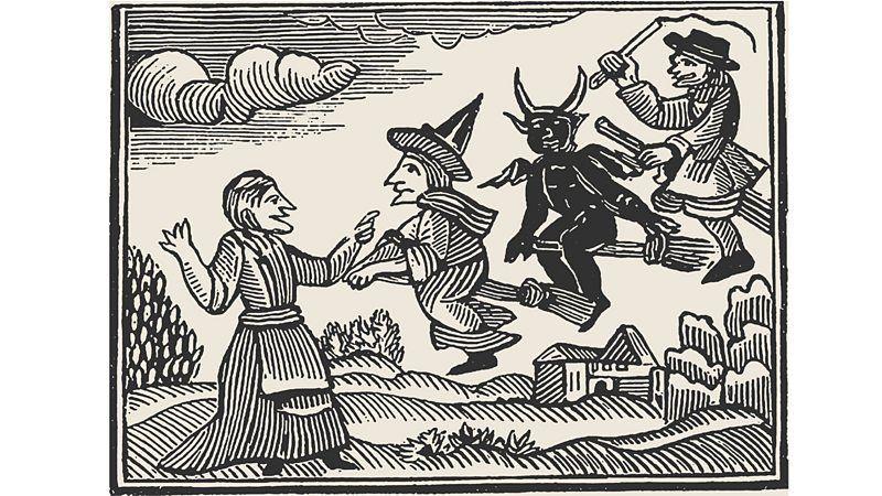 Ilustração de pessoas voando em vassouras com um demônio