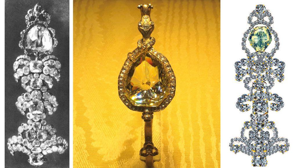 Foto, dibujo y reproducción del diamante Florentino en diferentes monturas. 